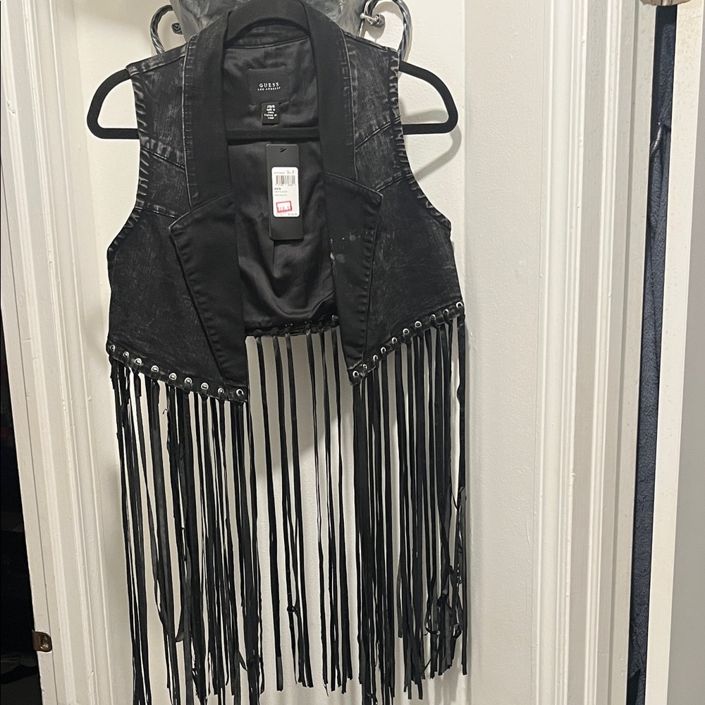 Guess - Vintage Guess Black Fringe Sleeveless Faux Leather Vest